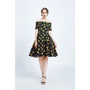Miss Lulo Kim fit & flare dress Mandarin Orange print off shoulder pinup vixen M